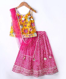 Teentaare Cotton Sleeveless Lehenga Choli Leheriya with Dupatta Floral Print - Pink & Yellow