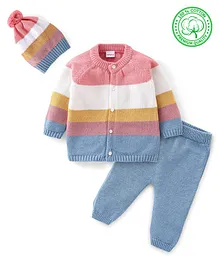Babyhug Organic Cotton Knit Full Sleeves Sweater Set With Cap Solid Colour Block Design - Multicolour
