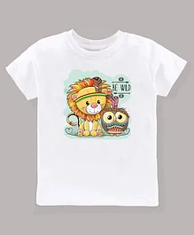 KAVEE 100% Pure Cotton Bio Washed  Half Sleeves Lion Owl Printed Tee - White