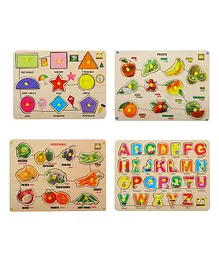 MINDMAKER  Wooden Puzzle with Knobs Educational and Learning Toy for Kids Alphabets Shapes Fruits Vegetables -  4 Pieces