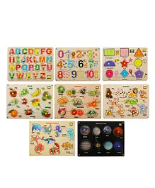 MINDMAKER Wooden Puzzle with Knobs Educational and Learning Toy for Kids Alphabets Numbers Shapes Fruits Vegetables Animals - 8 pieces