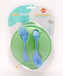 1st Step BPA Free Microwave Friendly Feeding Bowl With Fork And Spoon - Green Blue
