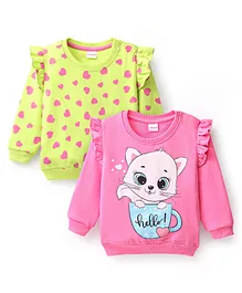Babyhug Cotton Full Sleeves Kitty Graphic Print Sweatshirt Pack of 2 - Pink & Green