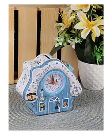Passion Petals House Money Saving Tin Coin Bank with Lock And Clock - Blue