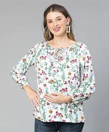 Oxolloxo Full Sleeves Floral Printed Tie Knotted Maternity Top - White