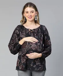 Oxolloxo Full Sleeves Floral Printed Self Design Tie Knotted Maternity Top - Black