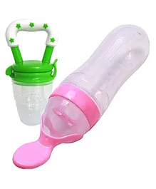VParents Food Feeding Spoon with Squeezy food Grade Silicone Feeder bottle and Fruit Nibbler with Extra Mesh Combo