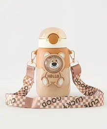 Bear Print Water Bottle with Push Button Cap Brown - 600 ml