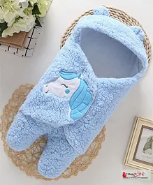 Babyzone Baby Hooded Unicorn Embroidered Solid Color Soft Wearable Blanket - Blue
