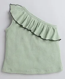 Aww Hunnie Sleeveless Solid Frill Neckline Detailed Ribbed One Shoulder Top -Green