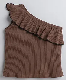 Aww Hunnie Sleeveless Solid Frill Neckline Detailed Ribbed One Shoulder Top - Brown