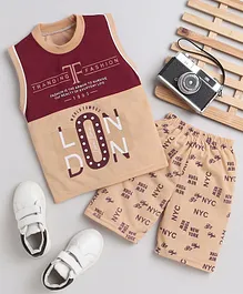 Fourfolds Sleeveless London Printed Colour Blocked Tee With Nyc Shorts - Beige