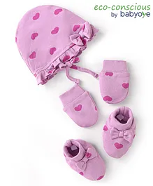 Babyoye Eco Conscious 100% Cotton Cap Mittens & Booties With Heart Print Lilac - Diameter 10 cm
