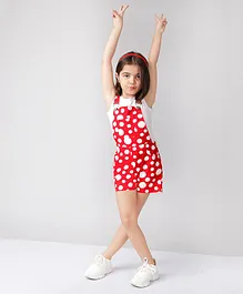 Naughty Ninos Sleeveless Cotton Dungarees With T-Shirt Polka Dot Printed - White & Red