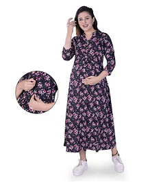 Mamma's Maternity Three Fourth Sleeves Seamless Floral Swirl Printed Maternity Dress With Concealed Zipper Nursing Access - Black