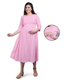 Mamma's Maternity Three Fourth Sleeves Striped Maternity Dress With Concealed Zipper Nursing Access - Light Pink