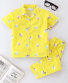 Knotty Kids Ice Toy Theme Half Sleeves Snow & Snowman Printed Coordinating Night Suit - Yellow