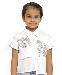 Nauti Nati Half Frill Sleeves Floral Embroidered Shirt - White
