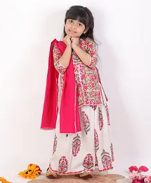 CHAKORI Three Fourth Sleeves Jaipuri Floral Swirl Printed Kurta With Flower Motif Designed Skirt & Dupatta - Pink