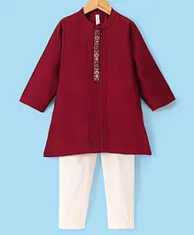 Babyhug Full Sleeves Kurta with Pyjama Set & Embroidery on Placket - Maroon