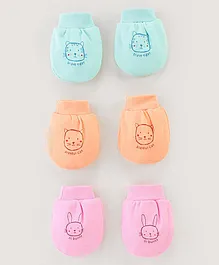 Simply Cotton Interlock Mittens Cat Face Print Pack Of 3 - Pink Orange & Sea Green