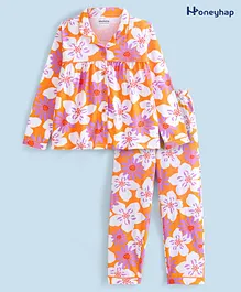 Honeyhap Premium 100% Cotton Knit Full Sleeves Pyjama Sets with Bio Finish Floral Print - Blazing Orange