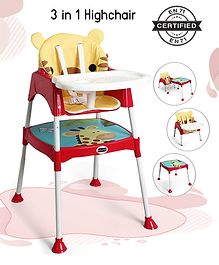 Babyhug 3 in 1 Play & Grow High Chair With 5 Point Safety Harness And Anti-Slip Base - Red