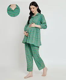 Aujjessa Three Fourth Sleeves Floral Motif Printed Coordinating Maternity Night Suit With Front Concealed Zipper Nursing Access - Sea Green