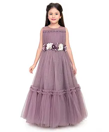Betty By Tiny Kingdom Sleeveless Ruffled Neckline With Pearls & Flower Applique Embellished Fit & Flare Shimmer Gown - Lilac