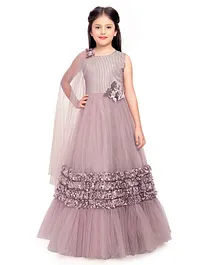 Betty By Tiny Kingdom Net Sleeveless Fabric Flower Work Self Design Ruffled Hem Gown - Orchid