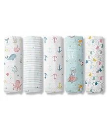 Haus & Kinder Nautical Collection 100% Cotton Muslin Swaddle Pack Of  5 - Multicolour