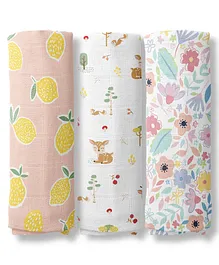 Haus & Kinder Citrus groove Collection 100% Cotton Muslin Swaddle Pack Of 3 - Multicolour