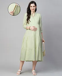 MomToBe Three Fourth Sleeves Solid Tiered Maternity Dress With Concealed Zipper Nursing Access - Green