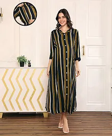 MomToBe Three Fourth Sleeves Rayon Striped Maternity Dress - Green & Black