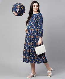 MomToBe Three Fourth Sleeves Floral Printed Rayon Blue Maternity Dress - Prussian Blue