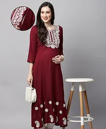 MomToBe Three Fourth Sleeves Paisley Detailed Floral Swirl Embroidered Maternity Kurta With Side Pockets & Concealed Zipper Nursing Access - Maroon