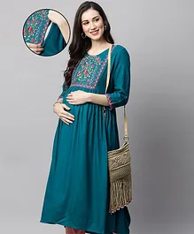 MomToBe Three Fourth Sleeves Floral Embroidered Maternity Kurti -  Blue