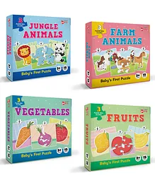 Little Berry Babys First Jigsaw Puzzle Set of 4 for Kids Jungle Animals Farm Animals Fruits & Vegetables - 15 Puzzle Pieces Each