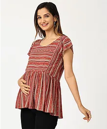 The Mom Store Half Sleeves Seamless Floral Stripe Patterned Maternity Top With Concealed Zipper Nursing Access - Brown