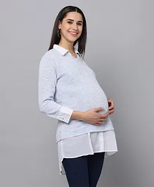 The Mom Store Full Sleeves Solid Maternity Knit Top With Concealed Zipper Nursing Access - Blue