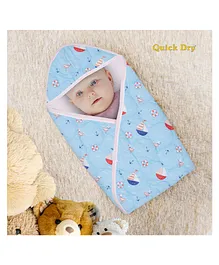Quick Dry Baby Hooded Wrapper Boat Print L 75 x B 75 cm - Blue