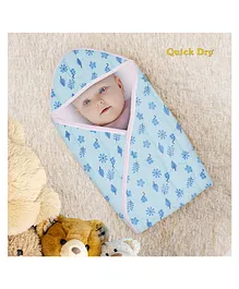 Quick Dry Baby Hooded Wrapper Leaf Print L 75 x B 75 cm - Blue