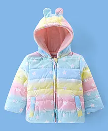 Babyhug Full Sleeves Hooded & Padded Jacket With Ear Applique Stars Print- Pink Yellow & Blue