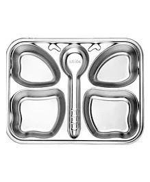 HAPPY HUES Stainless Steel Divided Meal Plate Tray 4 Compartments Dinner Dish Butterfly Design- Silver