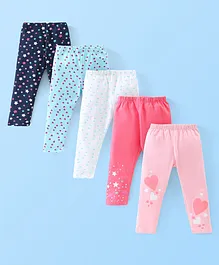 Babyhug Cotton Lycra Full Length Leggings Heart & Stars Print Pack of 5- Blue Pink & White