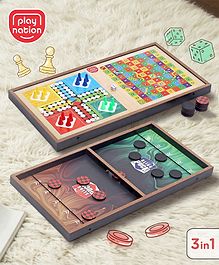 Play Nation 3-in-1 Fastest Finger First Wooden Board Game| Improves Hand eye Co-ordination| Learning and Educational Toy| Family Board Game with Sling Puck Board, Chess, Ludo Snake & Ladder| Indoor Toys & Games for 5 Years+ Kids| BIS Certified