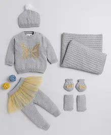 Yellow Apple Butterfly Embroidery Baby Clothing Set with Pullover Legging Mittens Bootie Cap & Blanket With Ultra Comfortable and Breathable Material - Grey