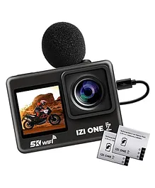 IZI ONE PLUS 5K 30FPS UHD 48MP Action Camera Dual Touch Screen Digital Zoom EIS Stabilization Waterproof 170 Wide Angle Lens Wifi & External Mic 2X Batteries - Black