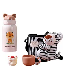 Little Surprise Box Stainless Steel Water Bottle with Matching Cover & Soft Toy White Tiger - 530 ml