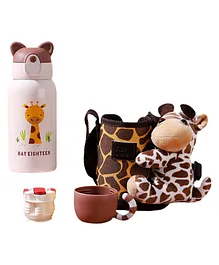 Little Surprise Box Stainless Steel Water Bottle with Matching Cover & Soft Toy Giraffe -530 ml